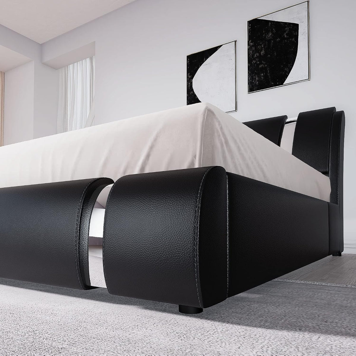 Allewie Queen Bed Frame with Iron Piece Decor, Faux Leather, Black