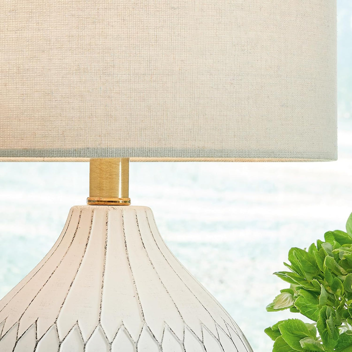 Signature Design by Ashley Ceramic Table Lamp, Bedside, Antique White | Textured wave ceramic base, Compact 18-inch height ideal for bedside nightstands and transitional styling, Wardmont Series