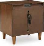 Signature Design by Ashley Lyncott Wood Nightstand with Charging Station | Mid-century mango wood veneer, 2 dovetail drawers, Built-in USB-A and USB-C charging, Round tapered legs