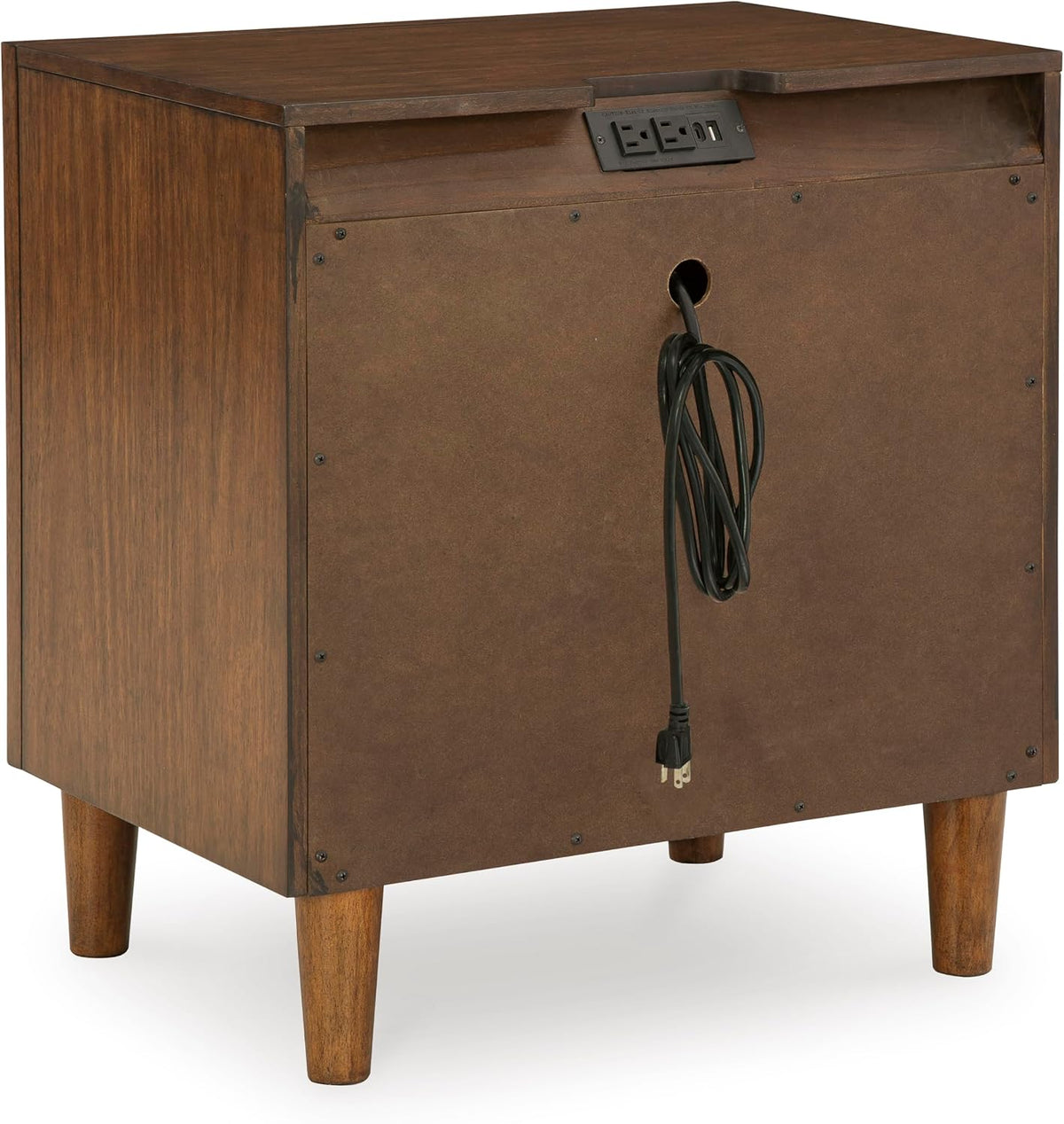 Signature Design by Ashley Lyncott Wood Nightstand with Charging Station | Mid-century mango wood veneer, 2 dovetail drawers, Built-in USB-A and USB-C charging, Round tapered legs
