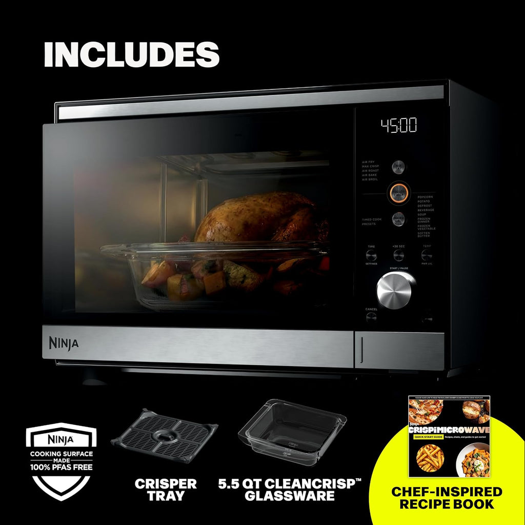 Ninja® Crispi™ Microwave & Air Fryer with FusionCrisp, Silver, MW101 | Replaces a countertop microwave and air fryer with 14 functions; Fast 1000W microwave and powerful 1700W Ninja® air fryer.
