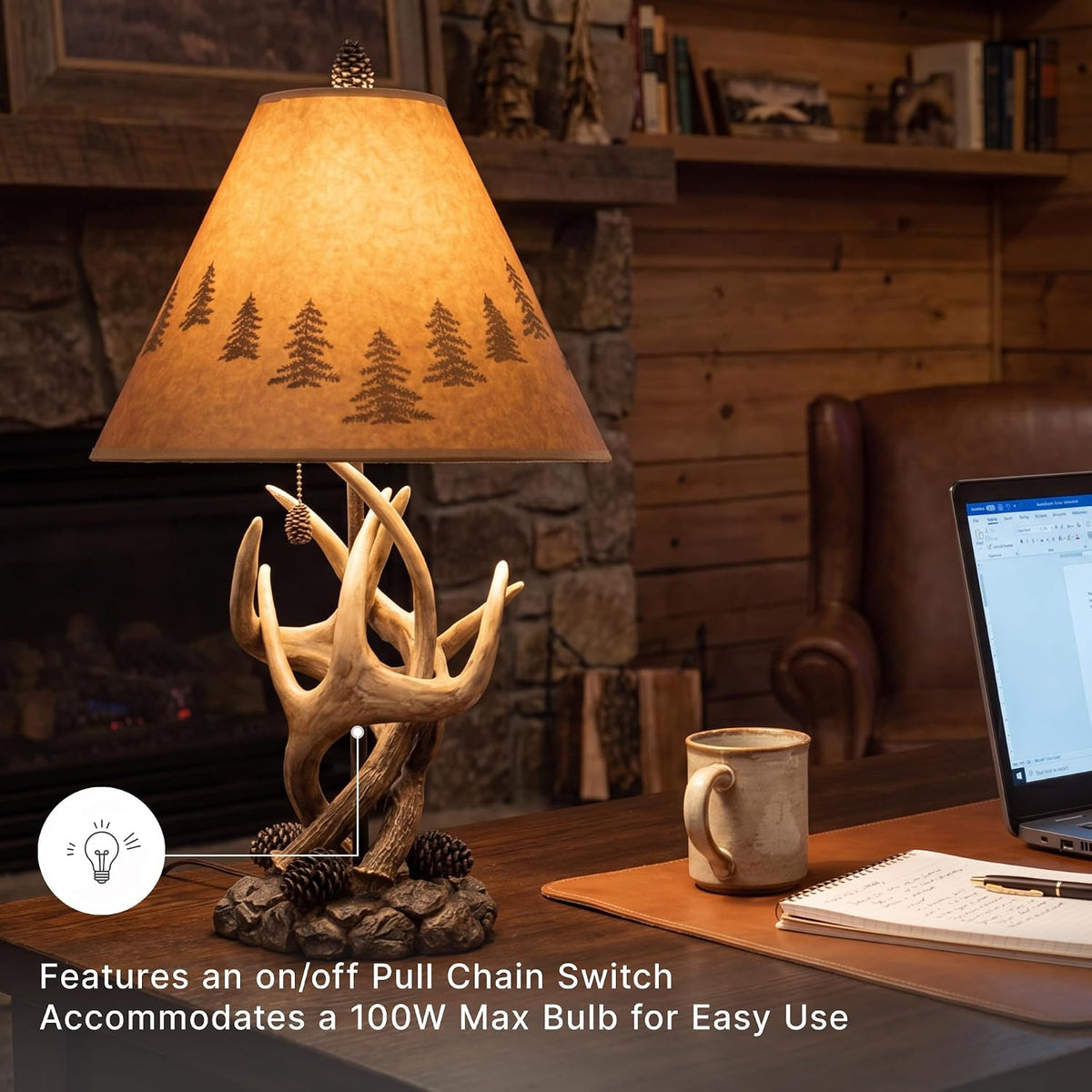 Signature Design by Ashley Derek Rustic Table Lamps, Living Room, Set of 2 | Durable poly resin antler base, Warm translucent paper silhouette shade projecting forest scenes, Rustic cabin style