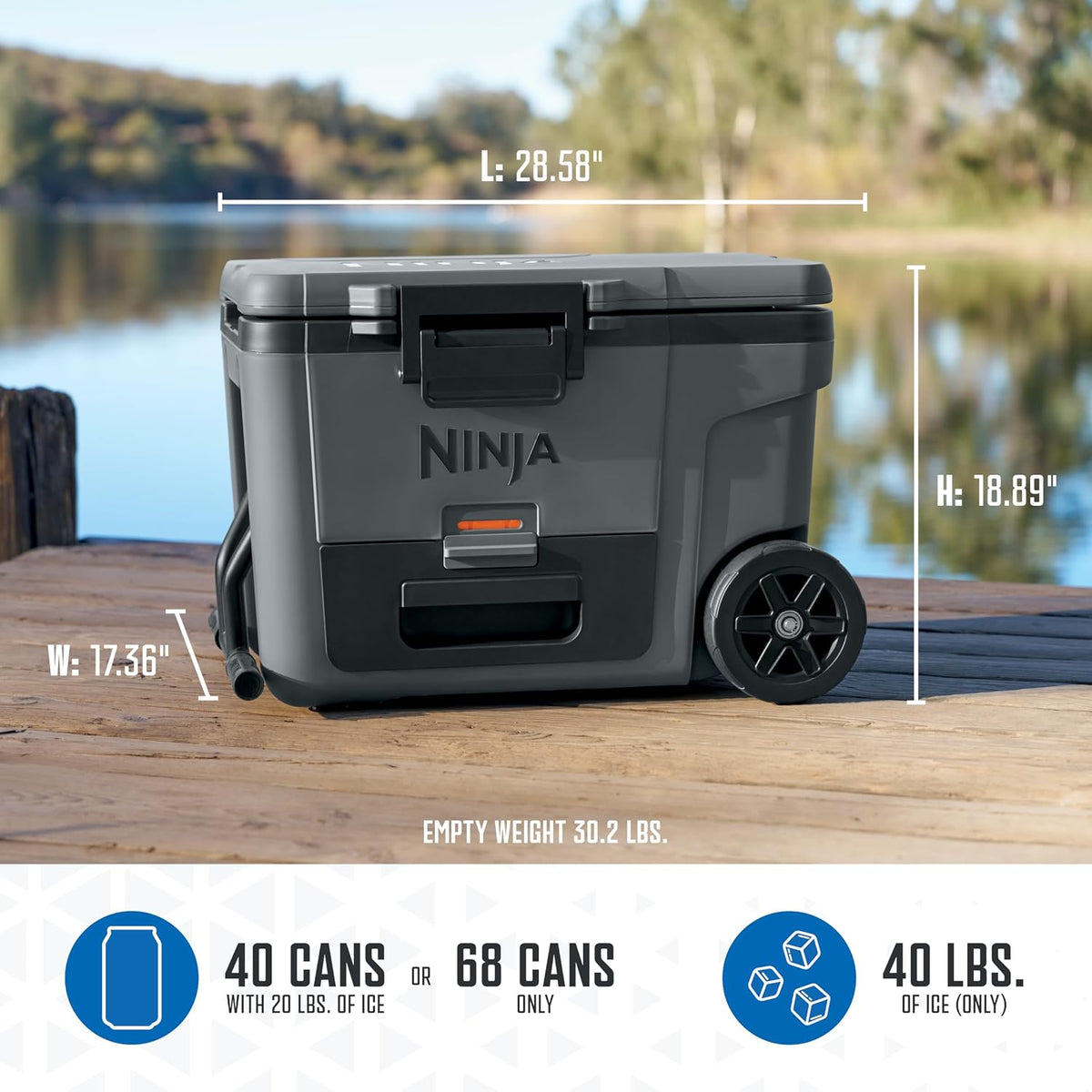 Ninja FrostVault™ 45qt Cooler with Wheels, Dry Storage, Charcoal Gray | Ninja FrostVault's 45-qt capacity holds 68 cans, keeps food cool & dry, and rolls easily on all-terrain wheels