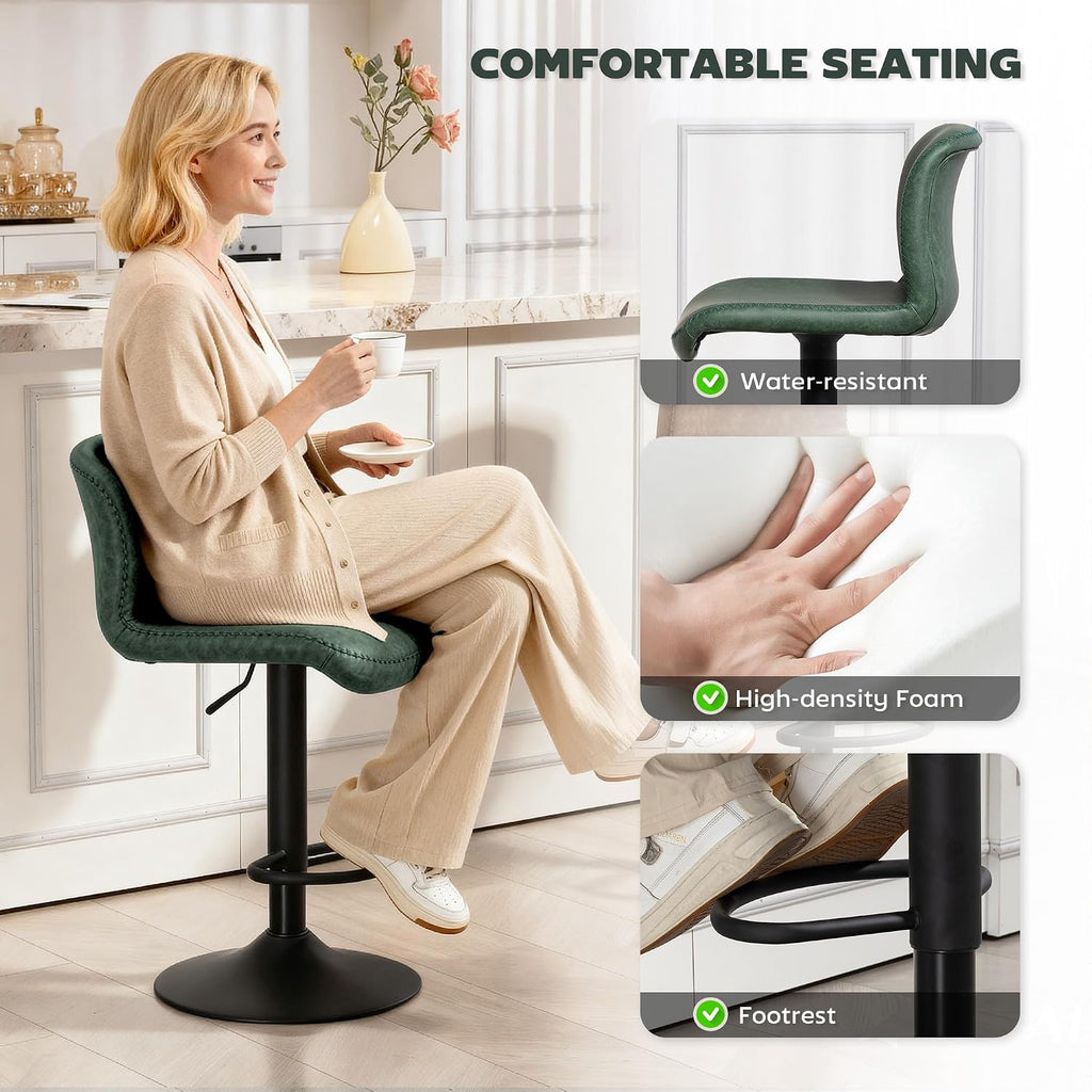 HOMCOM Bar Stools Set of 2 Height Adjustable, Backrest Footrest, Green