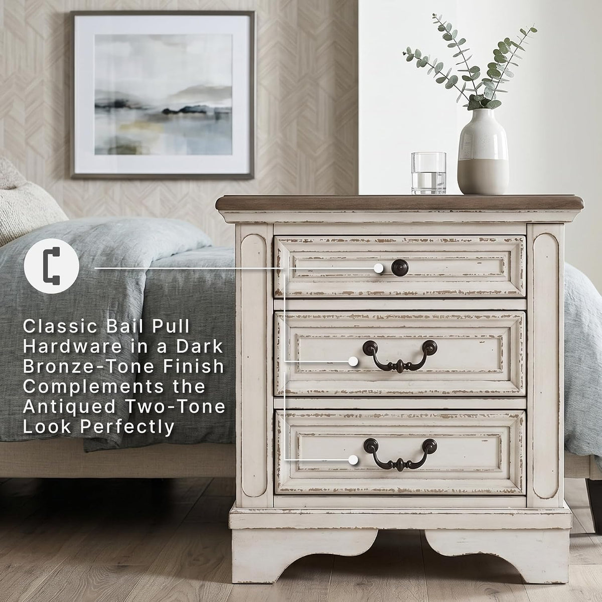 Signature Design by Ashley 3 Drawer Nightstand with Charging Station | Charming vintage two-tone finish, Built-in power strip with 108 in cord, Elegant cast resin corbels, Realyn Series