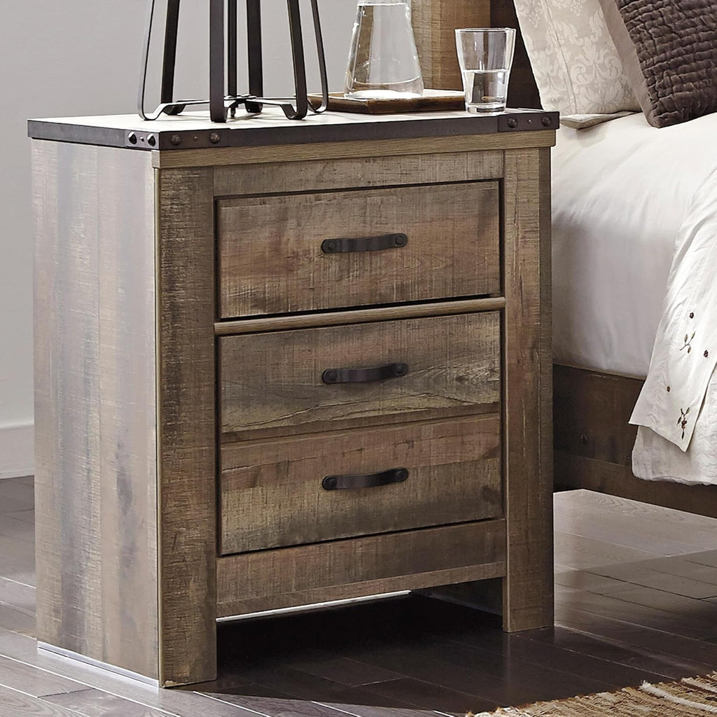 Signature Design by Ashley Trinell 2 Drawer Nightstand, Brown | Engineered wood, Integrated dual USB ports, Rustic plank finish, 25W x 17D x 30H