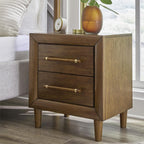Signature Design by Ashley Lyncott Wood Nightstand with Charging Station | Mid-century mango wood veneer, 2 dovetail drawers, Built-in USB-A and USB-C charging, Round tapered legs