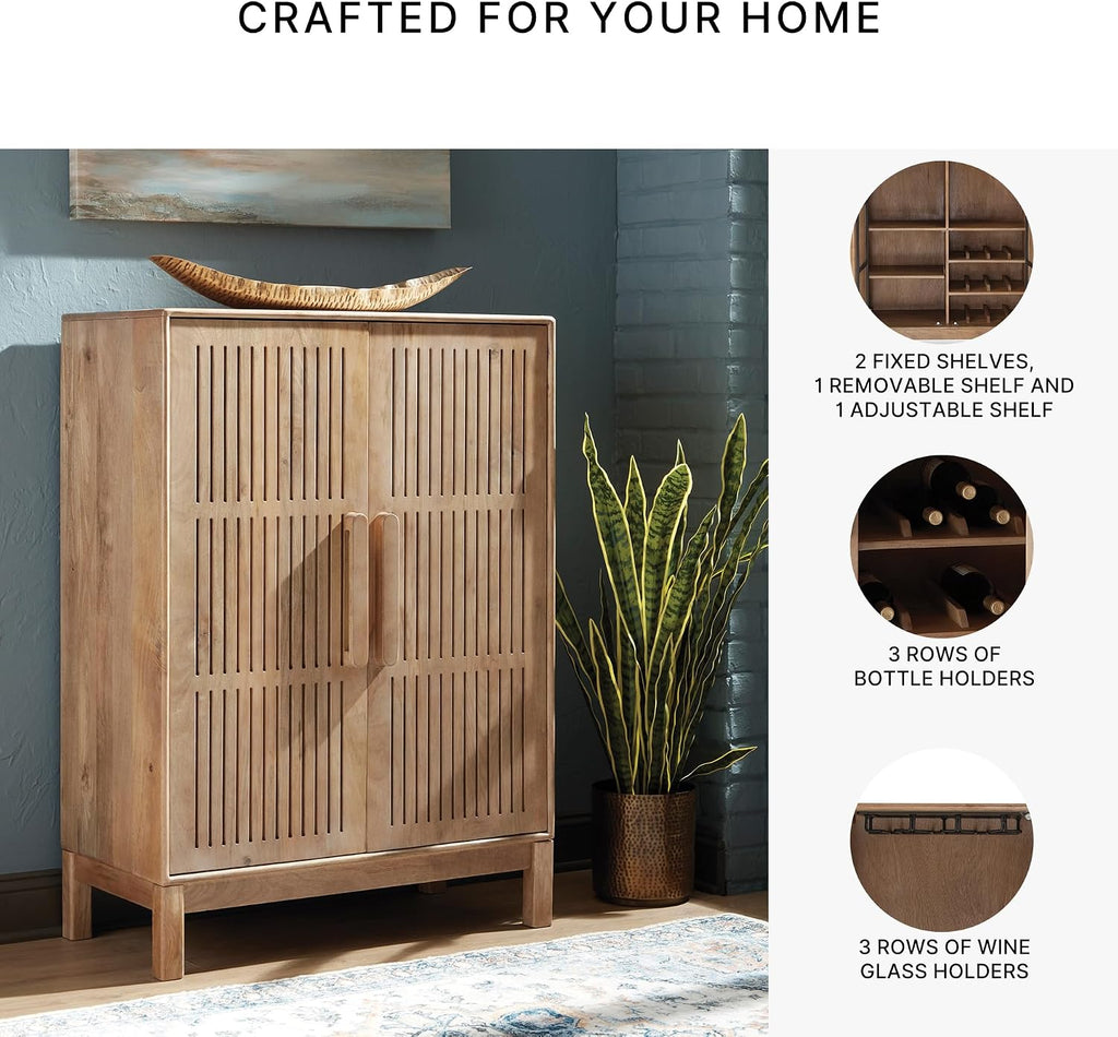 Signature Design by Ashley Solid Mango & Engineered Wood Bar Cabinet | Solid mango wood liquor cabinet, Built-in bottle and stemware racks, Minor assembly for lounges, Pellamour Series