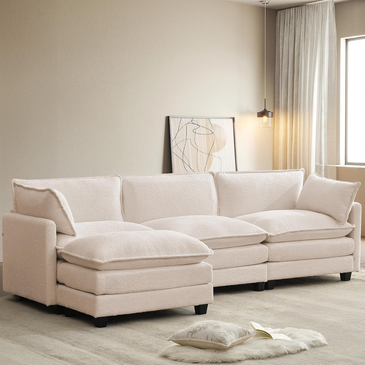 ROWHY 112'' Sectional Modular Cloud Couch, Oversized 5 Seat Couches U Shaped Sofa with 2 Movable Ottomans, 2 Throw Pillows, Upholstered Corduroy U Shape Comfy Deep Couches for Living Room, Beige