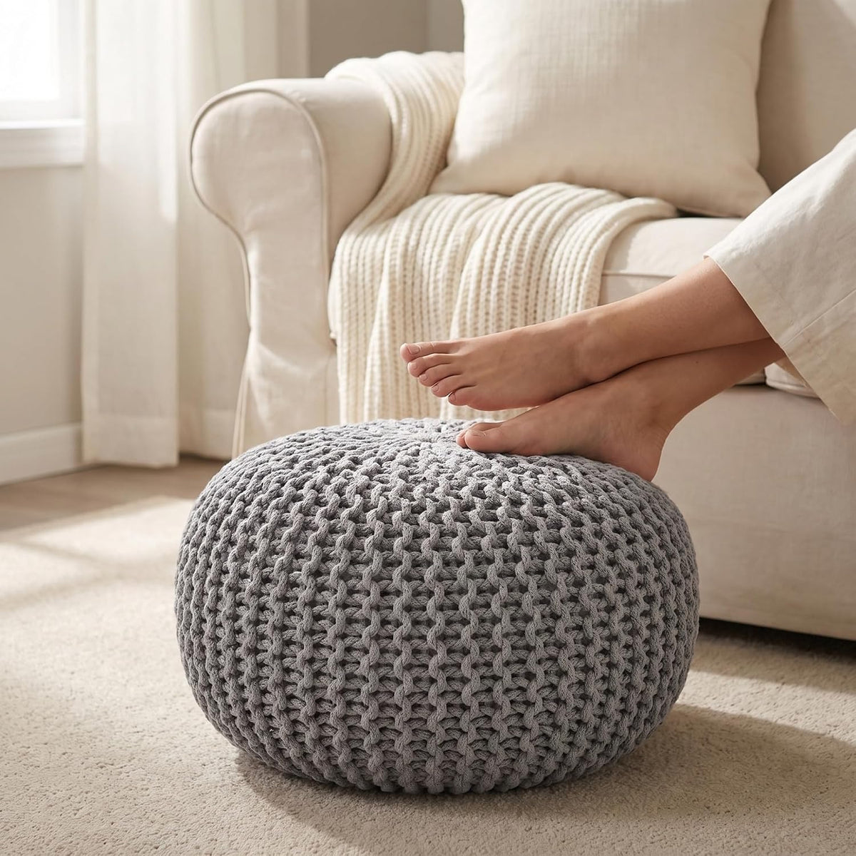 · REDEARTH · Round Pouf Ottoman - Hand Knitted Boho Poof Footrest - Ivory