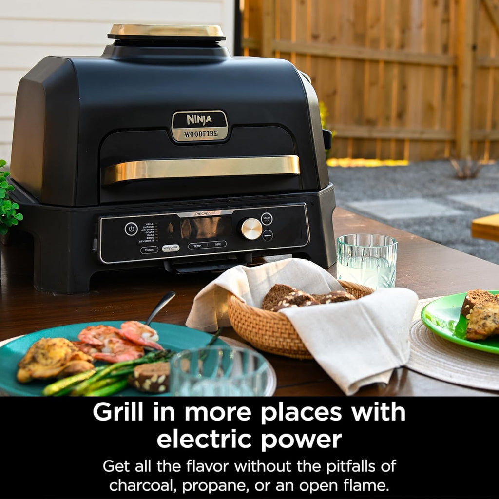 Ninja Woodfire ProConnect Premium XL Outdoor Grill & Smoker, Black & Gold | Ninja Woodfire ProConnect 7-in-1 Grill has 180 sq in of space, and an app-connected thermometer for foolproof BBQ smoking