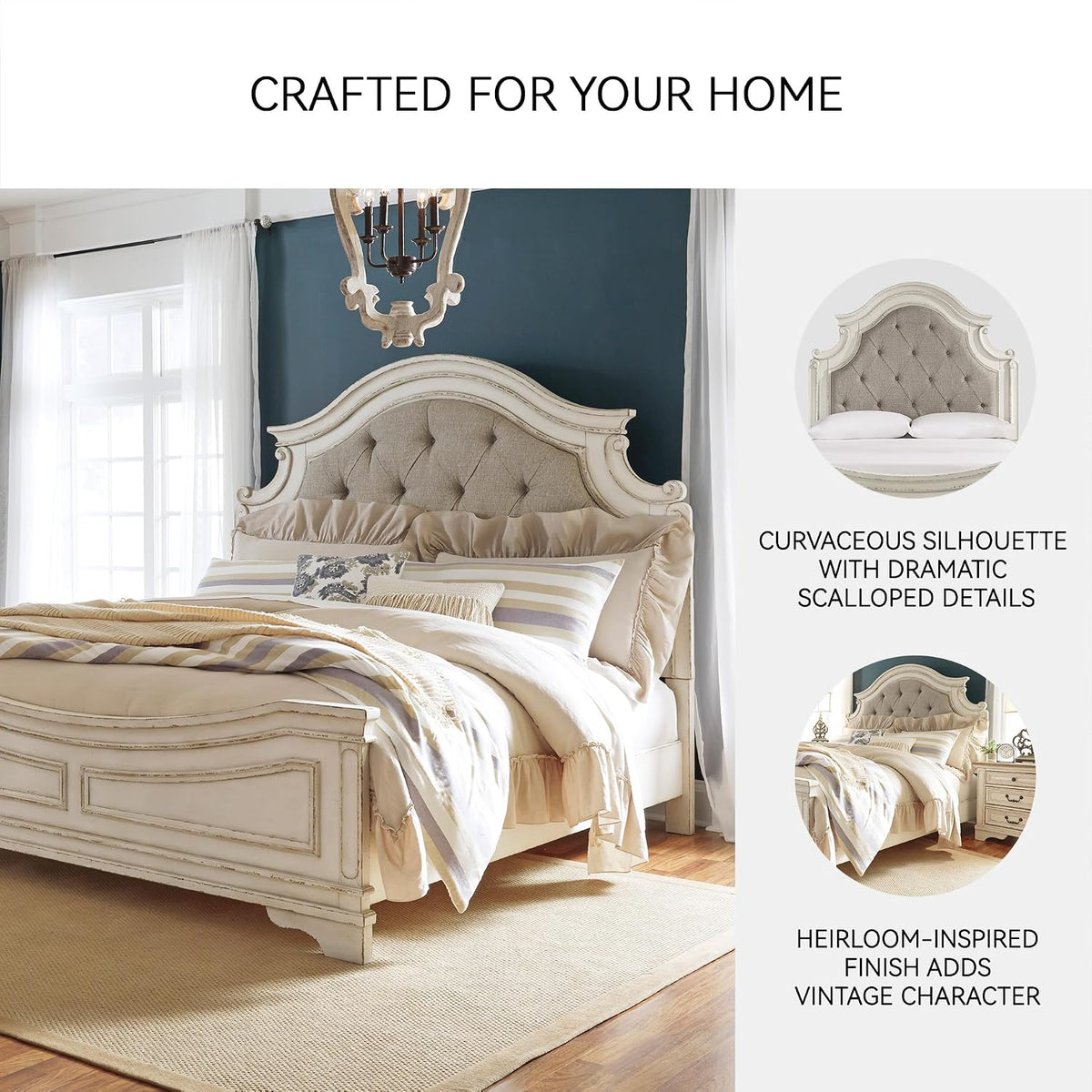 Signature Design by Ashley Realyn Queen Upholstered Bed Frame | 71-inch tall tufted headboard, Traditional panel bed of veneers, wood and engineered wood, French country style