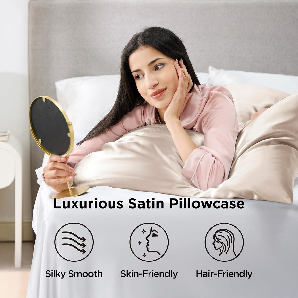 Bedsure Satin Pillowcase Standard Set of 2, Silky Pillow Cases, Beige