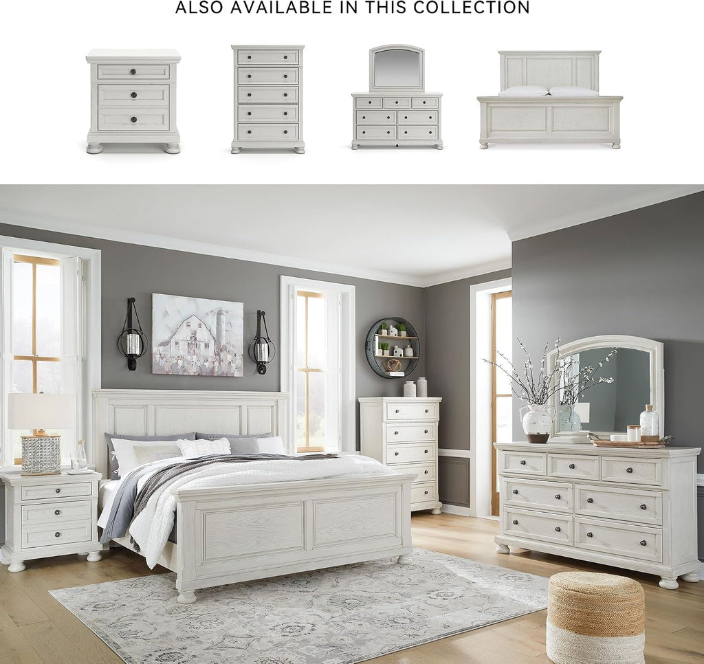 Signature Design by Ashley Tall Antique White Nightstand Wood Bedside Table | Two dovetail drawers, Hidden pull-out tray for valuables, Textured antiqued white oak finish, Robbinsdale Series