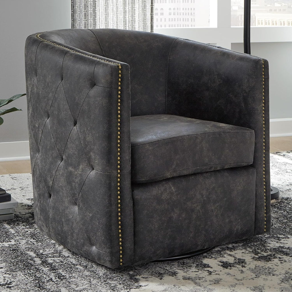 Signature Design by Ashley Swivel Black Faux Leather Accent Chair | Elegant tufted faux leather with brass nailheads, Hidden metal swivel base for effortless conversation, Brentlow Series