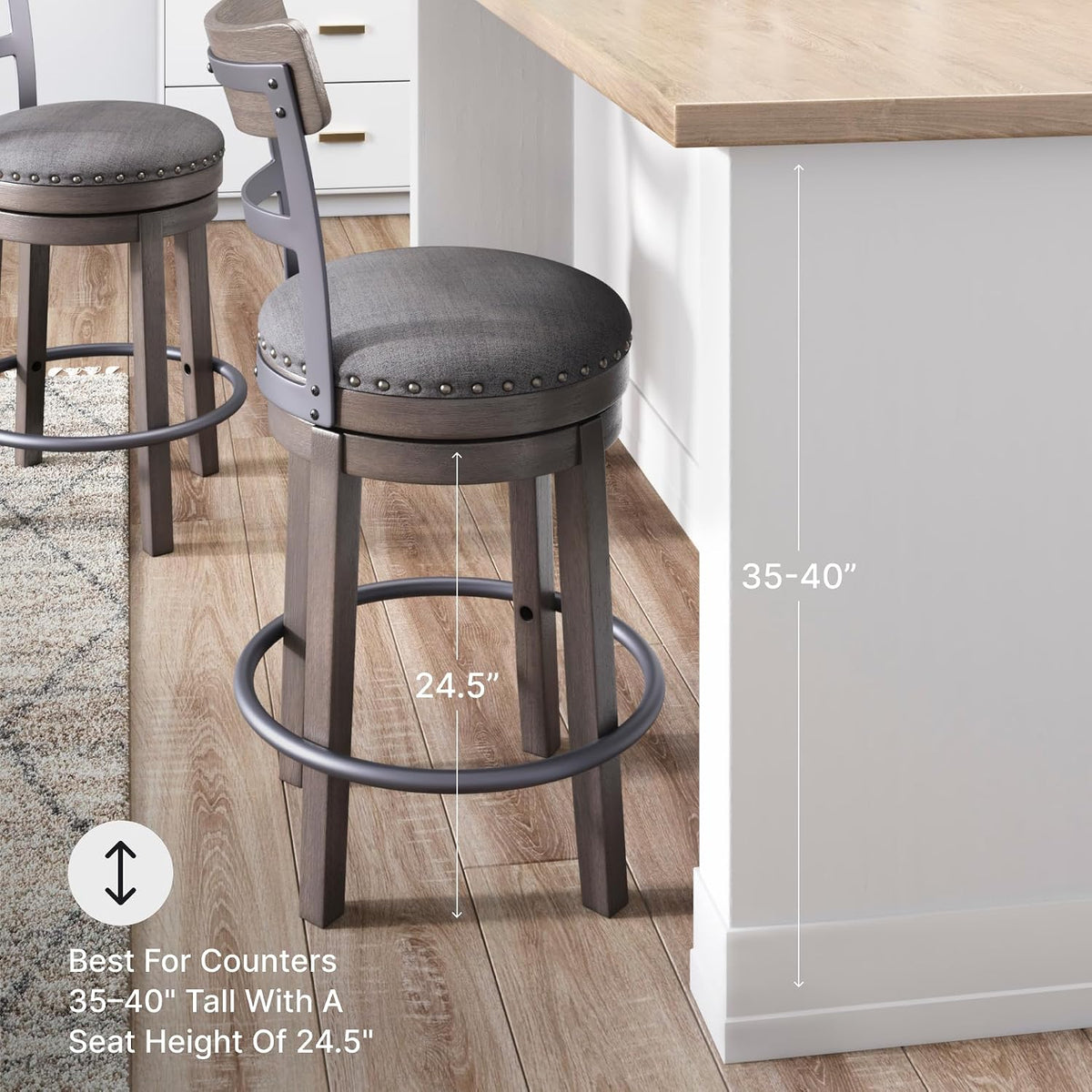 Signature Design by Ashley 1-Piece Swivel Counter Height Bar Stool, Gray | 24-inch seat height, Solid wood base, Metal back supports, Easy-clean polyester upholstery, Nailhead trim, Caitbrook Series