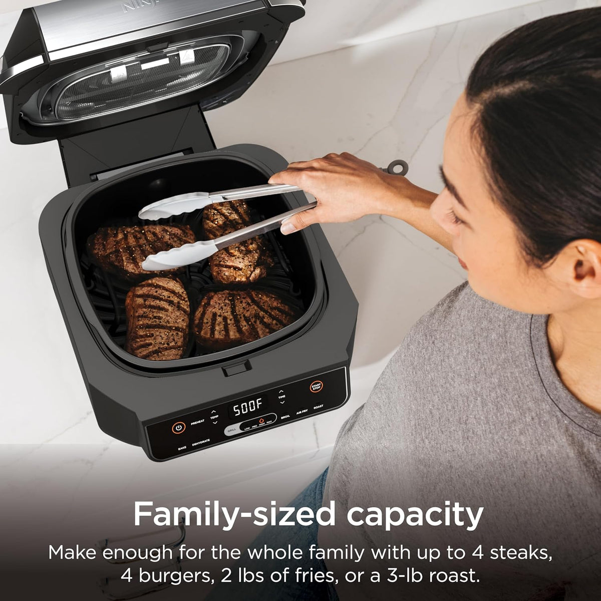 Ninja® Foodi® 6-in-1 Indoor Grill & Air Fryer, 500°F, Black/Silver, EG201 | Cyclonic Grilling, 500°F Surround Searing for char-grilled marks, virtually smoke-free. 6-in-1: Grill, Air Fry, Roast & more.