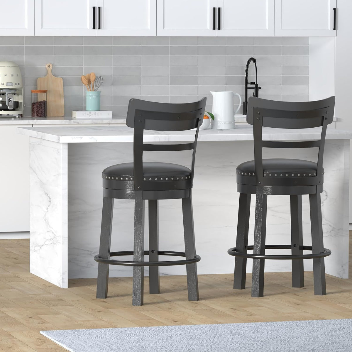 Signature Design by Ashley 1-Piece Counter Height Bar Stool, Black Swivel | Easy-clean leather and faux leather combination seat, Rustic farmhouse style with antiqued finish, Valebeck Series
