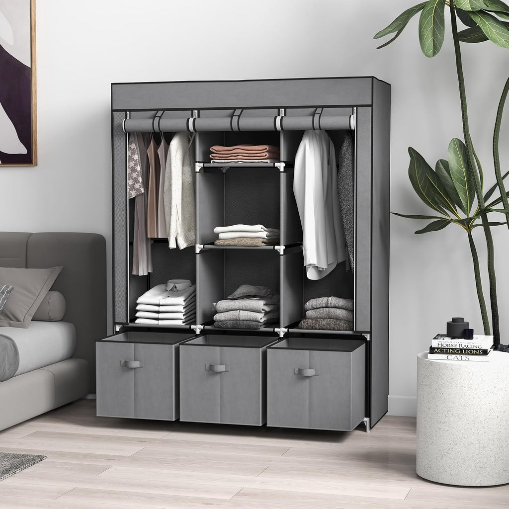 HOMCOM Fabric Wardrobe for Bedroom 5 Shelves 3 Fabric Drawers Dark Grey