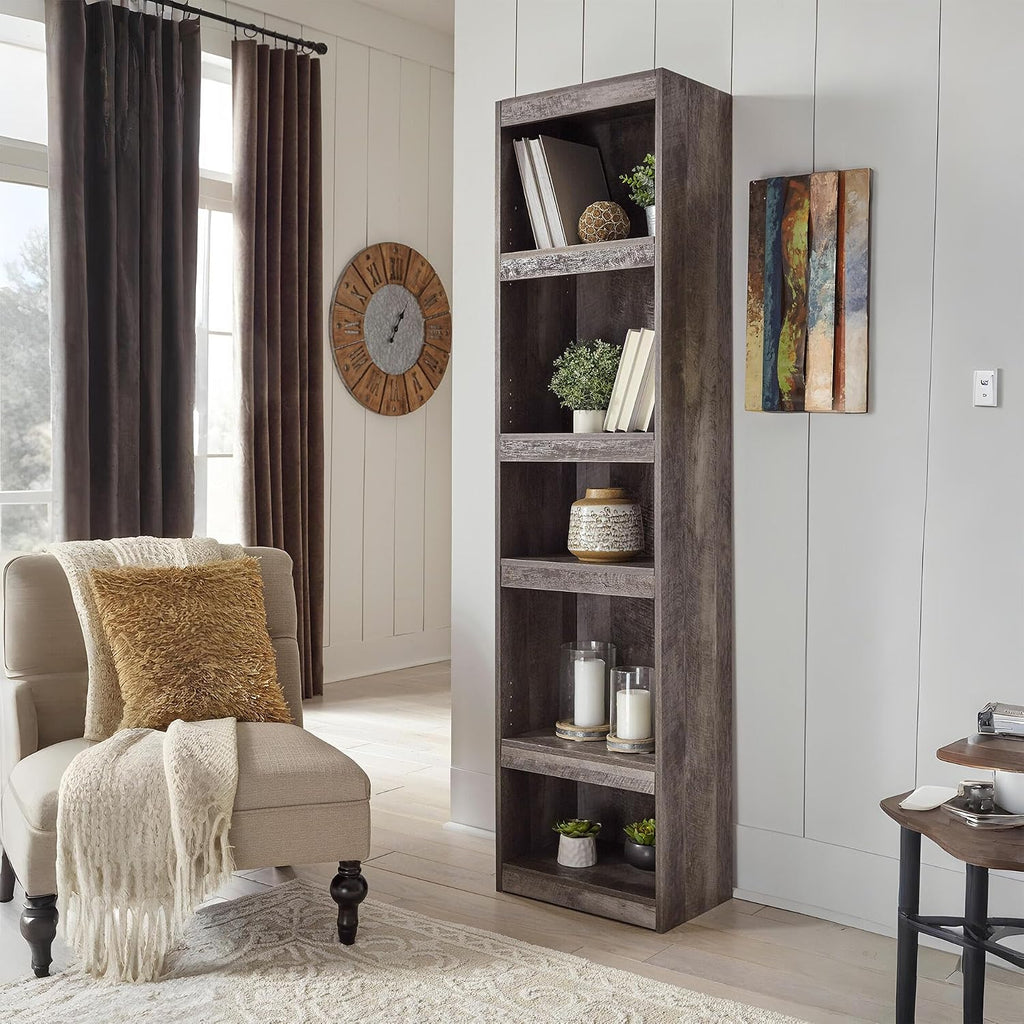Signature Design by Ashley Wynnlow Tall Pier Bookcase, 72 Inch, Gray | Rustic gray engineered wood, 4 tiered shelves (3 adjustable) for tight spaces, Space-saving 17-inch wide pier design