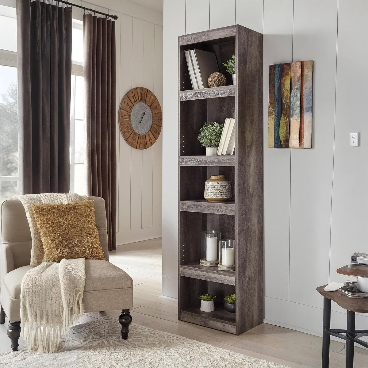 Signature Design by Ashley Wynnlow Tall Pier Bookcase, 72 Inch, Gray | Rustic gray engineered wood, 4 tiered shelves (3 adjustable) for tight spaces, Space-saving 17-inch wide pier design
