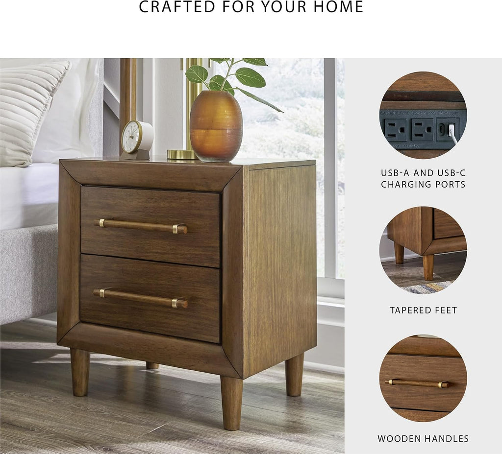 Signature Design by Ashley Lyncott Wood Nightstand with Charging Station | Mid-century mango wood veneer, 2 dovetail drawers, Built-in USB-A and USB-C charging, Round tapered legs