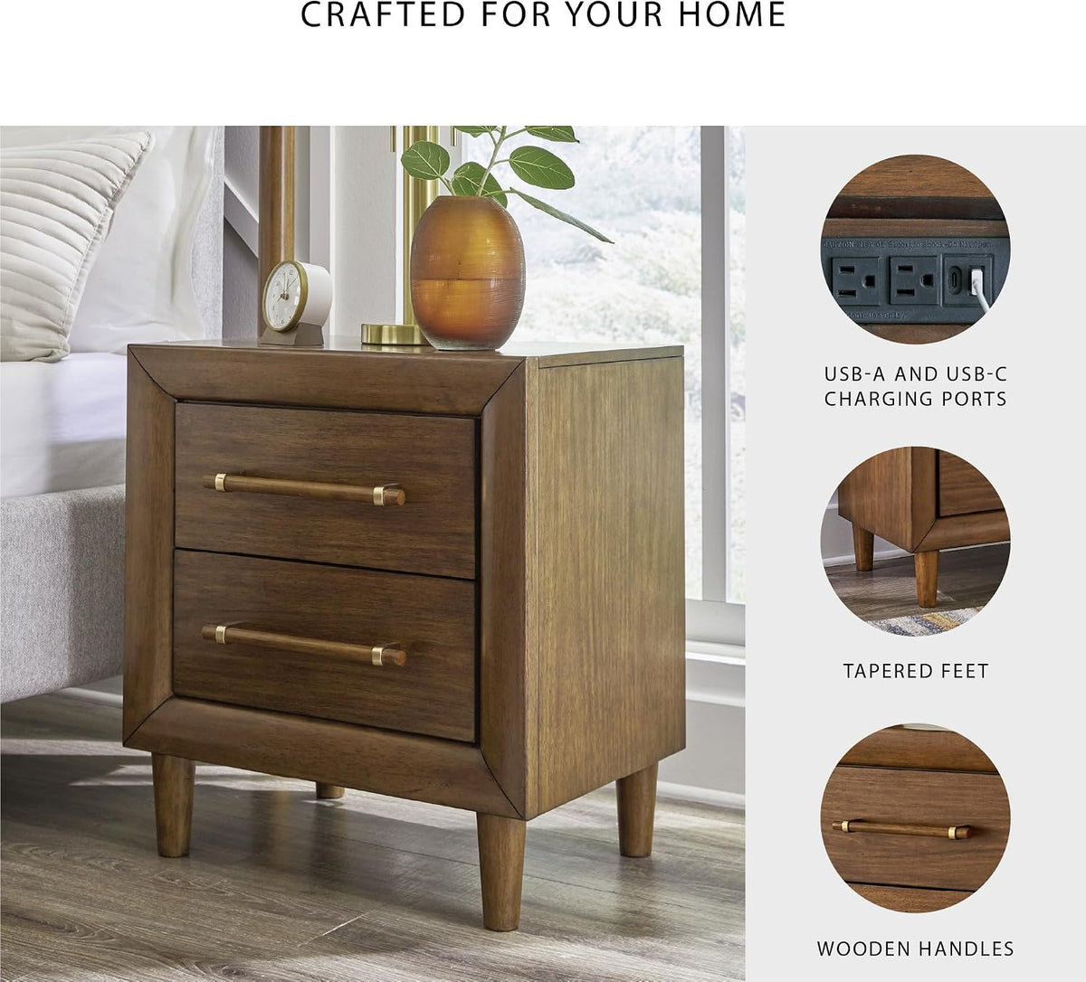 Signature Design by Ashley Lyncott Wood Nightstand with Charging Station | Mid-century mango wood veneer, 2 dovetail drawers, Built-in USB-A and USB-C charging, Round tapered legs