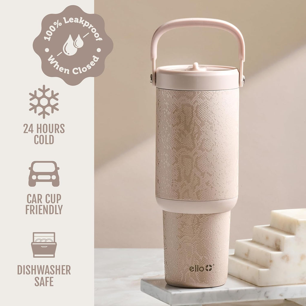 Ello Oasis Go+ 32oz Tumbler with Top Handle and Retracting Straw | Reusable Insulated Stainless Steel Cup, 100% Leakproof Water Bottle, 24 Hours Cold, Cup Holder Friendly For Travel | Python