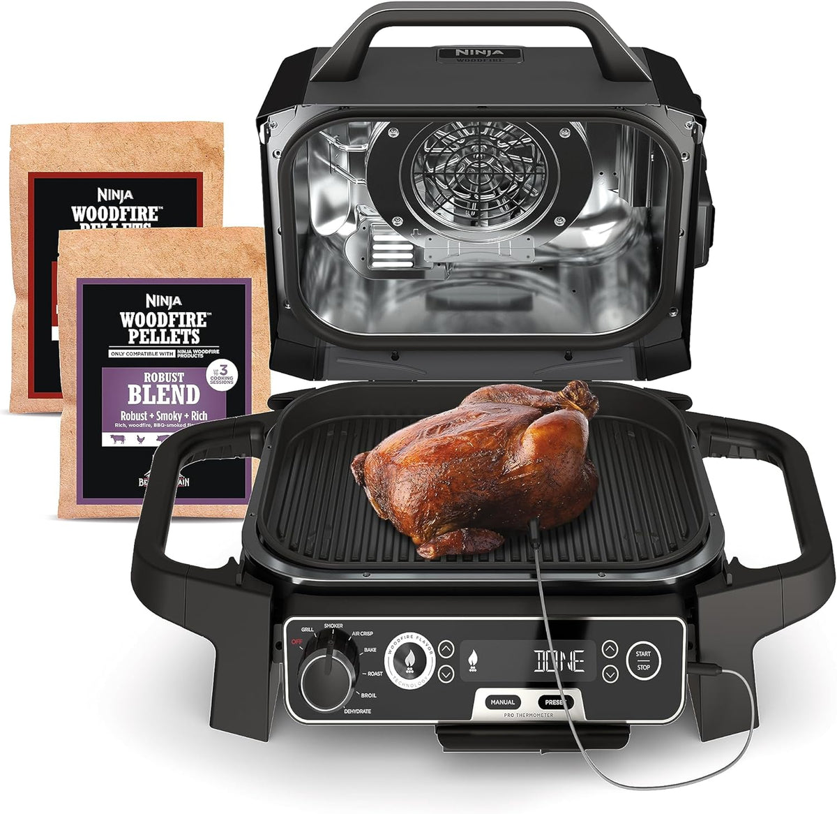Ninja Woodfire™ Pro Outdoor Grill with Built-in Thermometer, OG751 | Ninja Woodfire Pro Grill uses wood pellets & electric power, with a built-in thermometer for perfect, no-guesswork cooking