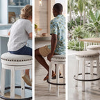 Signature Design by Ashley Valebeck 24 Inch Counter Height Stool | Backless swivel design, Rustic vintage white frame, Cozy beige woven fabric, Metal footrest