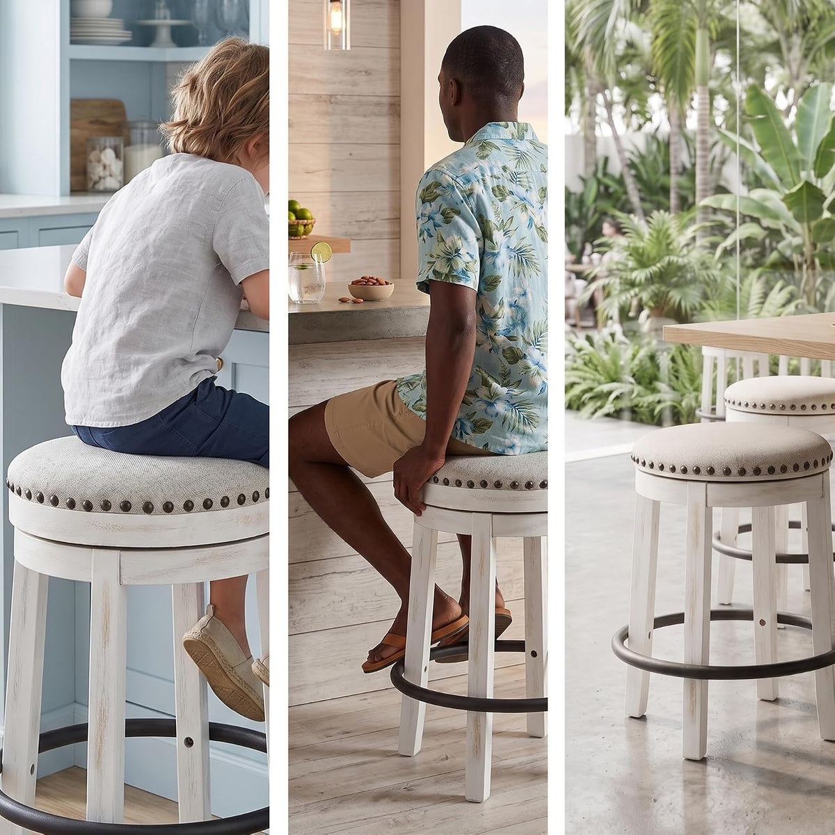 Signature Design by Ashley Valebeck 24 Inch Counter Height Stool | Backless swivel design, Rustic vintage white frame, Cozy beige woven fabric, Metal footrest