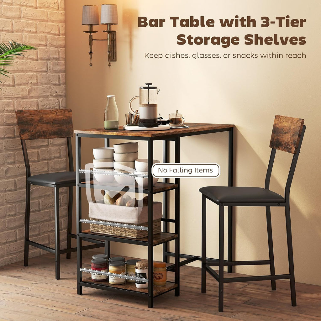 HOMCOM 3 Piece Breakfast Bar Table Set with Stools for 2 Rustic Brown