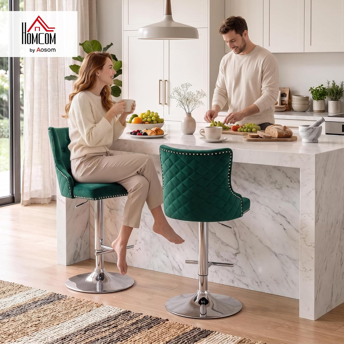 HOMCOM Bar Stools Set of 2 Modern Swivel Adjustable for Home Bar Dark Green