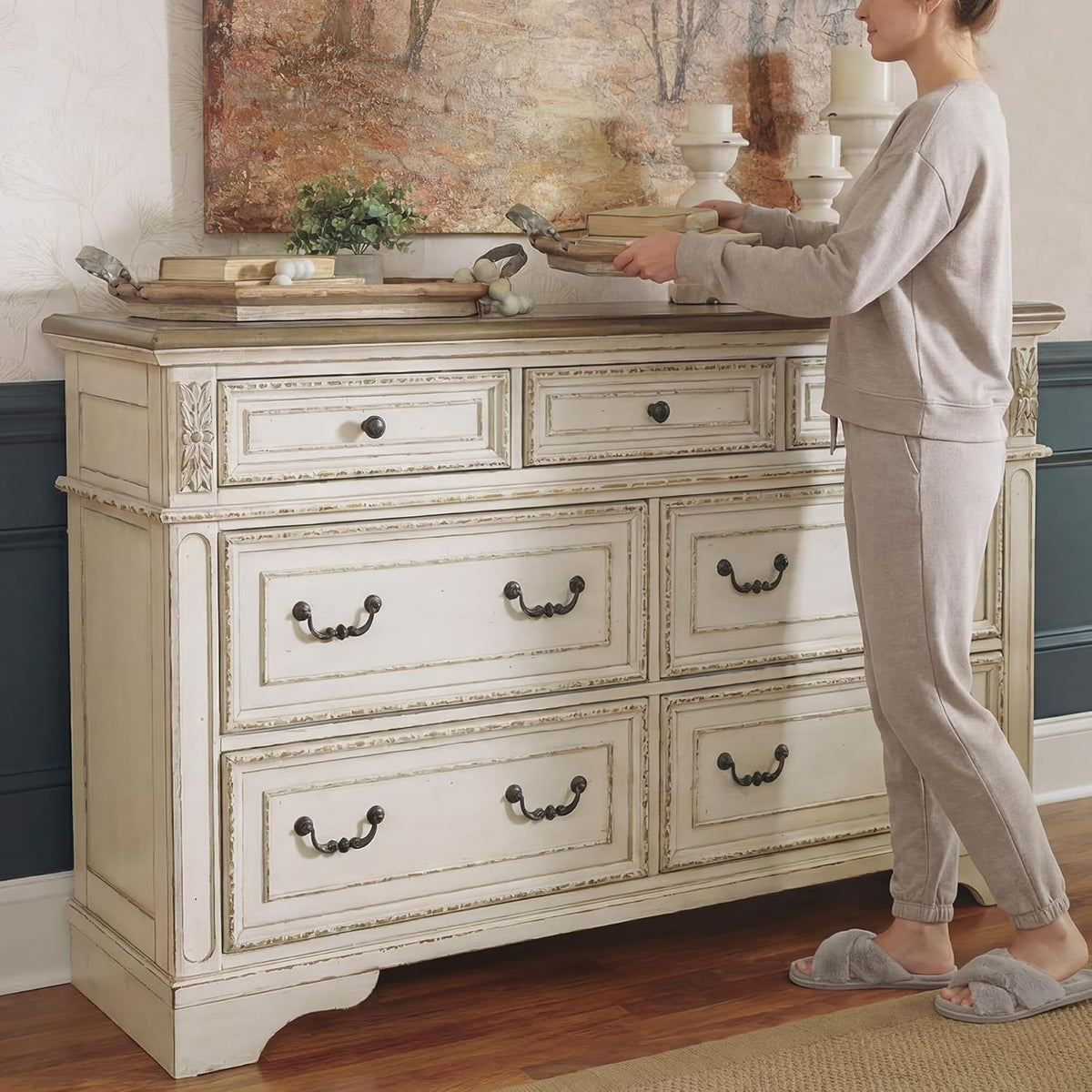 Signature Design by Ashley 7 Drawer Dresser for Bedroom, Two-Tone White | French country aesthetic with distressed wood top, Smooth-gliding dovetail joints and bronze-tone hardware, Realyn Series