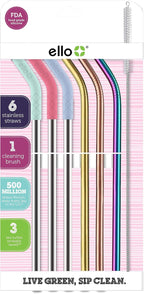 Ello Impact 6 Pack Reusable Metal Straws with Silicone Tips Made from Stainless Steel, Dishwasher Safe, BPA-Freewith Cleaning Brush, Summer Glow