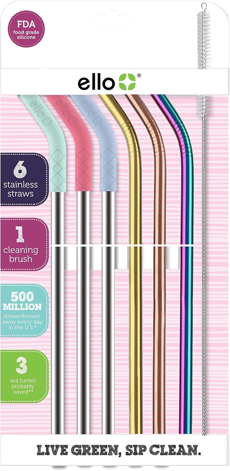 Ello Impact 6 Pack Reusable Metal Straws with Silicone Tips Made from Stainless Steel, Dishwasher Safe, BPA-Freewith Cleaning Brush, Summer Glow