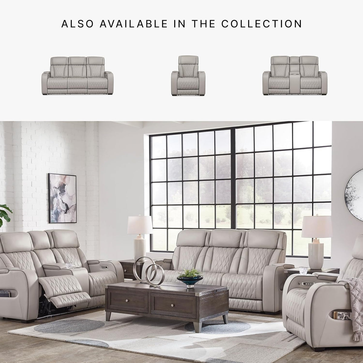 Signature Design by Ashley 3-Seat Power Reclining Sofa, Heat, Massage, Gray | Combination of leather and faux leather, Air massage, Heated seats, Drop-down table, Zero gravity, Boyington