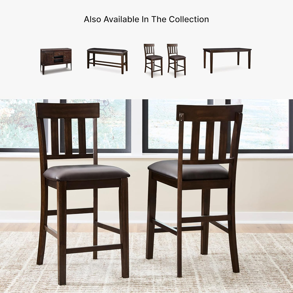 Signature Design by Ashley Counter Height Bar Stool, Set of 2, Slat Back | Wipe-clean faux leather cushion, Veneers, wood and engineered wood frame, 25.63-inch seat height, Ralene Series