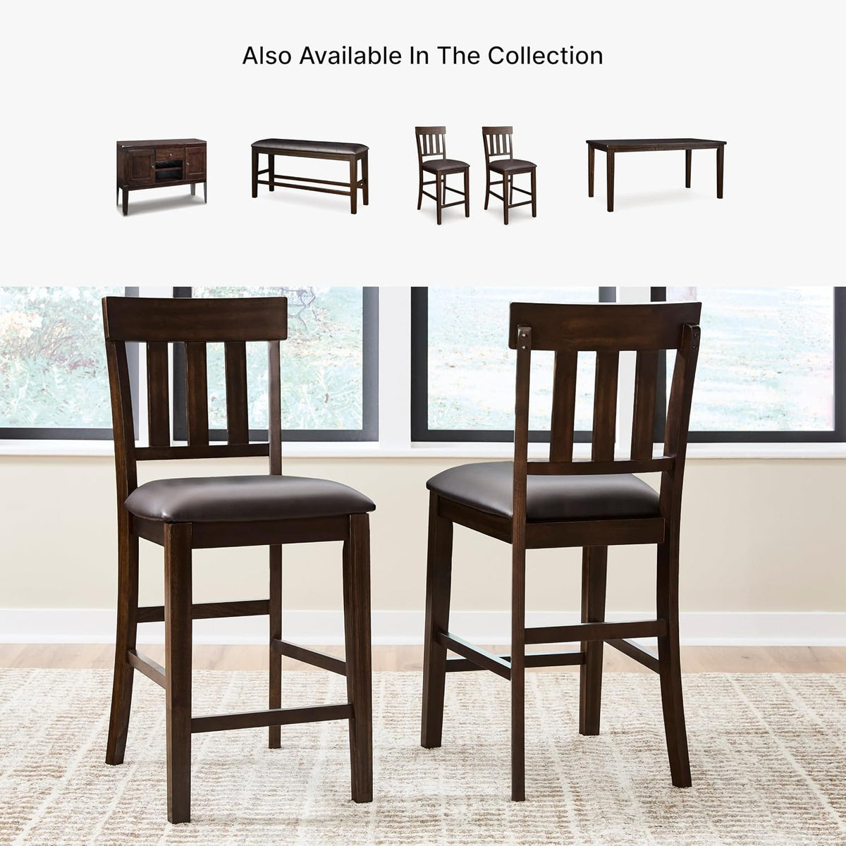 Signature Design by Ashley Counter Height Bar Stool, Set of 2, Slat Back | Wipe-clean faux leather cushion, Veneers, wood and engineered wood frame, 25.63-inch seat height, Ralene Series