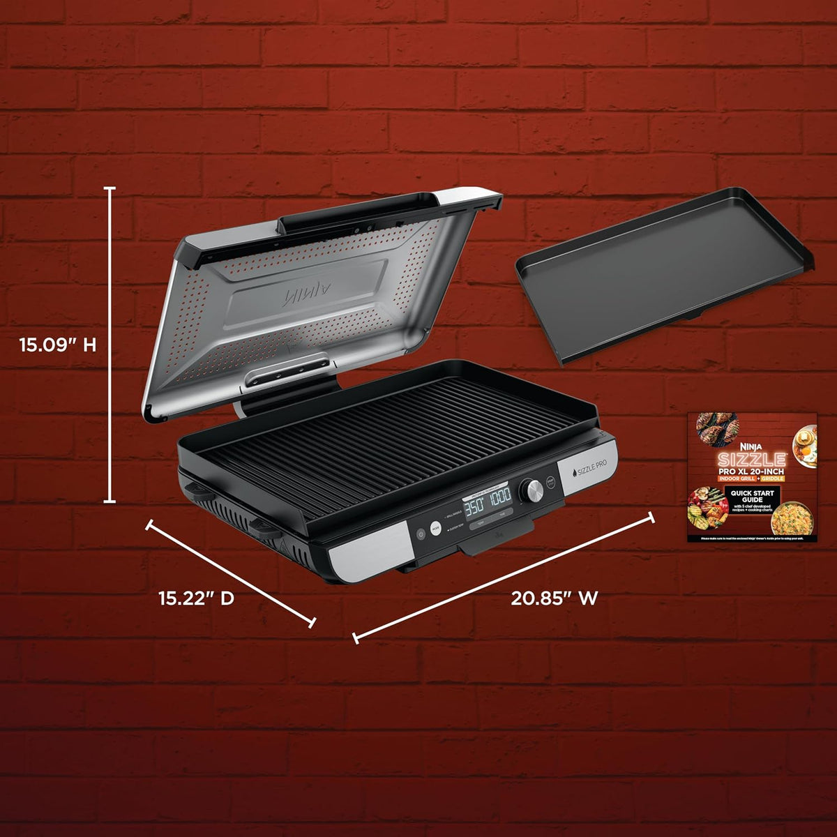 Ninja® Sizzle™ Pro XL 20'' Indoor Griddle & Grill, Silver, GX101 | 40% larger cooking surface, ProTemp IQ edge-to-edge heat, ceramic nonstick plates, detachable ventilated lid, grease control.