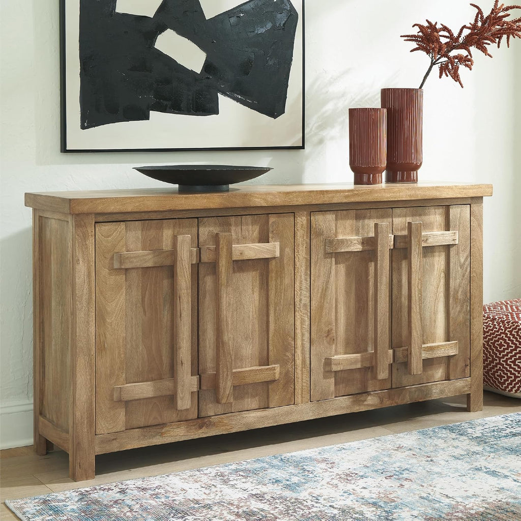 Signature Design by Ashley 4-Door Wood Accent Cabinet, Sideboard Credenza | Mango wood, veneer and engineered wood credenza, Soft-close hinges, Cord management, 2 fixed shelves, Dresor Series