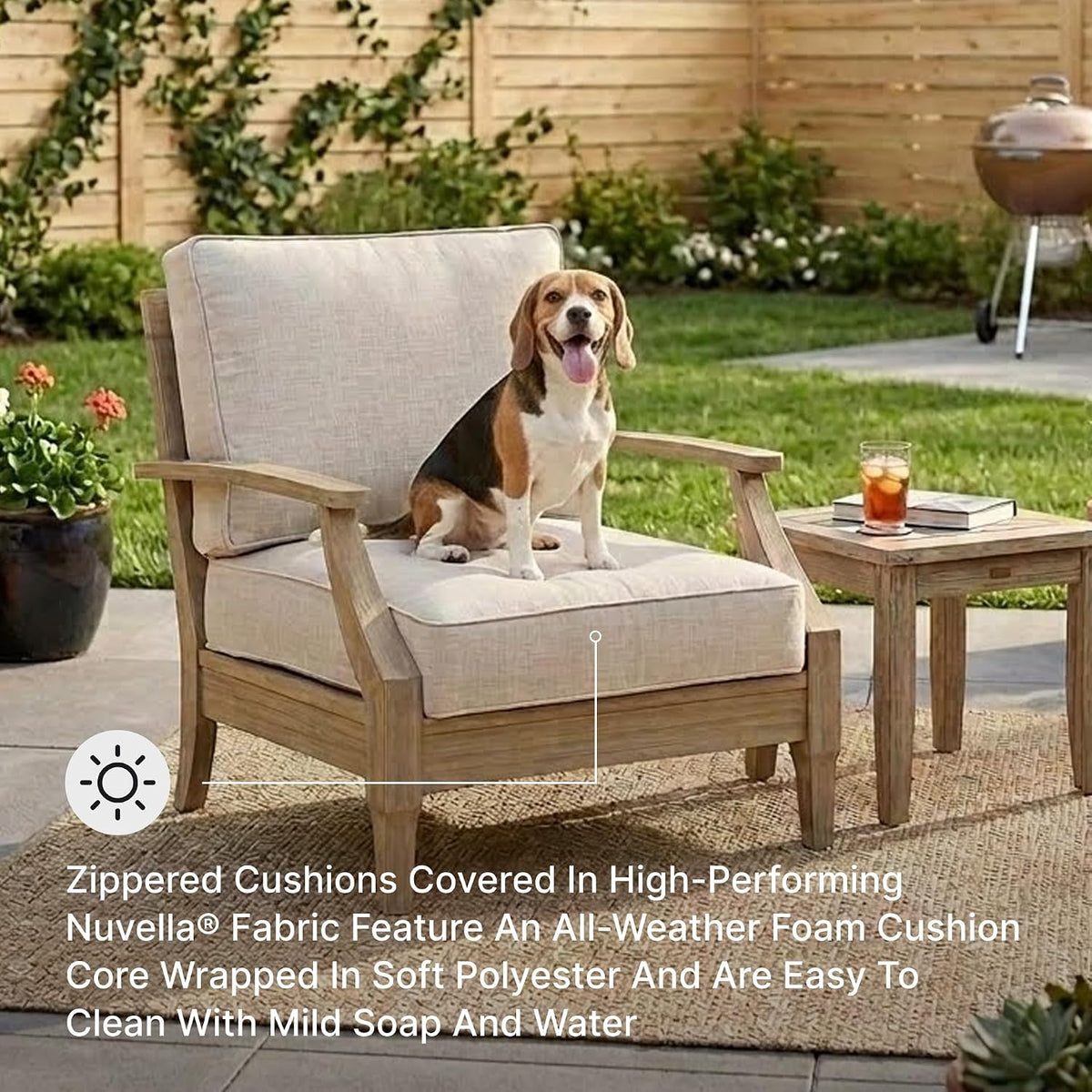 Signature Design by Ashley Clare View 1-Piece Outdoor Lounge Chair, Beige | Eucalyptus wood frame, 5-step protective coating, Nuvella performance fabric, Zippered foam core, 30x35x32 inches