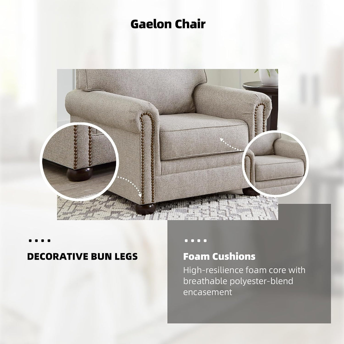 Signature Design by Ashley Gaelon Accent Chair, Dune Beige Chenille Fabric | Soft textured herringbone pattern, Sag-resistant platform foundation for even support, Traditional nailhead trim