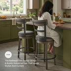 Signature Design by Ashley 1-Piece Swivel Counter Height Bar Stool, Gray | 24-inch seat height, Solid wood base, Metal back supports, Easy-clean polyester upholstery, Nailhead trim, Caitbrook Series