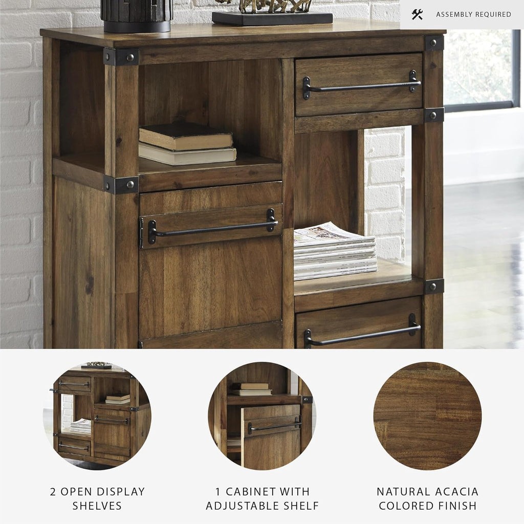 Signature Design by Ashley Coffee Bar Accent Cabinet with Drawers | Butterfly matched herringbone inlay, Unique acacia colored finish, Media and gameroom use, Farmhouse style, Roybeck Series