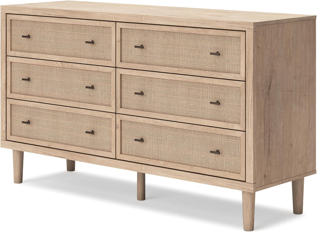 Signature Design by Ashley 6 Drawer Bedroom Dresser, Light Oak, Cielden | Textured beige faux cane fronts, Bronze knobs, Quick assembly, Contemporary coastal bedroom decor