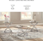 Signature Design by Ashley Hollynyx Round Glass Coffee Table Set of 3 | Tempered glass and chrome frames, Includes 38-in round coffee table and 2 26-in end tables, Adjustable levelers