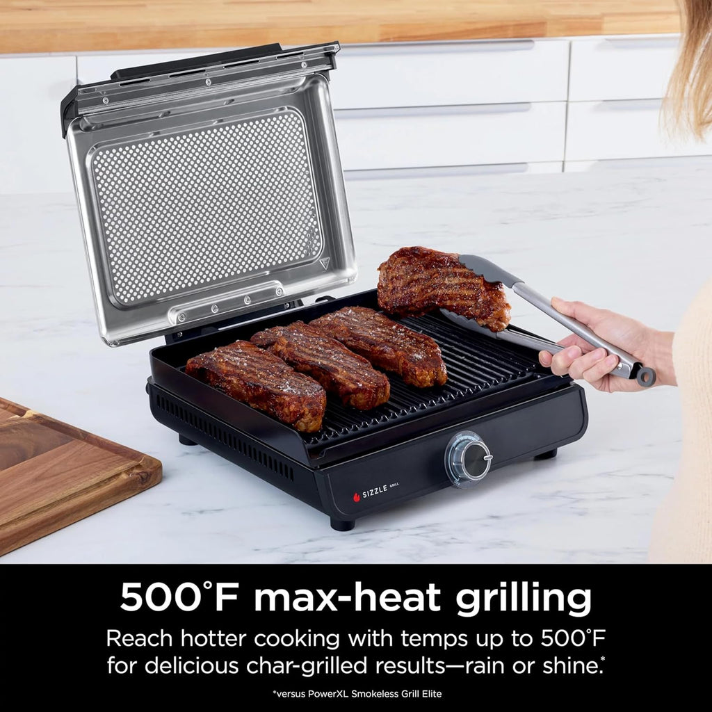 Ninja GR100 Sizzle Smokeless Indoor Grill with Nonstick Grill Plate, Dishwasher-Safe Removable Mesh Lid, 500F Max Heat, Even Edge-to-Edge Cooking, Black (Renewed)