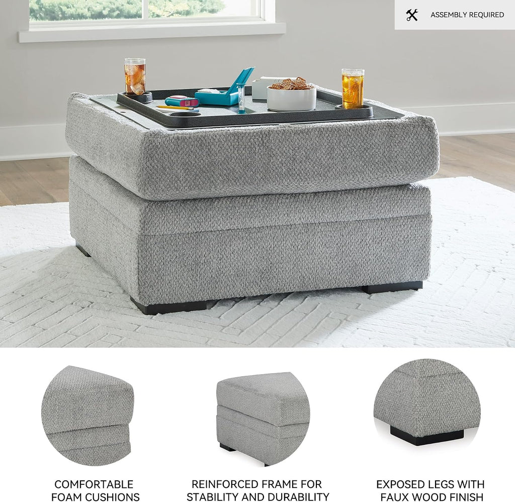 Signature Design by Ashley Square Ottoman with Storage and Cup Holders | Cement gray 100% polyester velvet, No assembly required, Faux wood legs, Casselbury Series