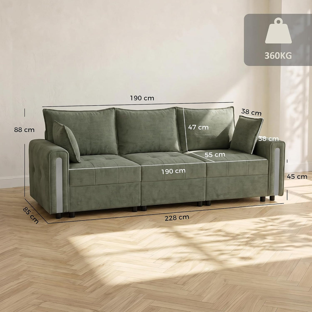 HOMCOM 3 Seater Sofa w/Lift-Up Storage 228cm Comfy Velvet Couch Dark Green
